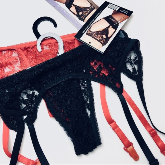 Valentine’s Red (Plus) Floral Laced Garter Belt and Thong 2pc. Set - Picture 4 of 7